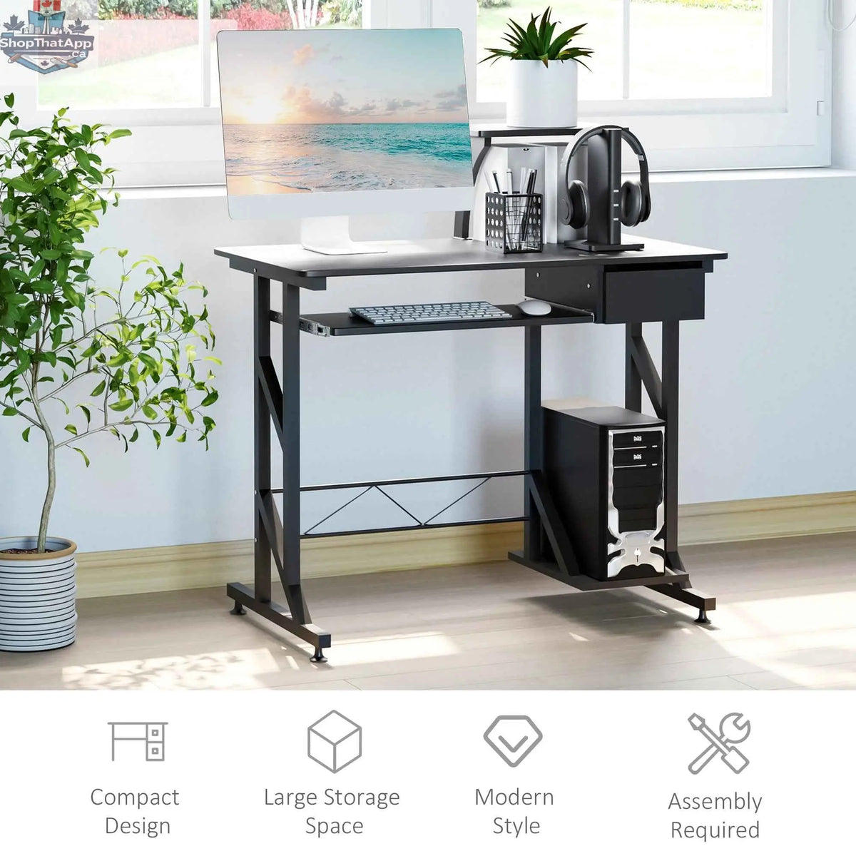 Black Indy Computer Desk by SLOTH Nation featuring a keyboard tray and drawer, ideal for modern office setup.