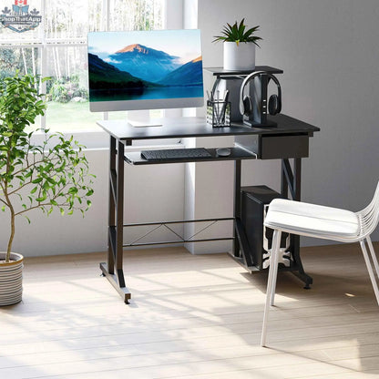 Black Indy computer desk by SLOTH Nation featuring a keyboard tray and drawer, ideal for modern office spaces.