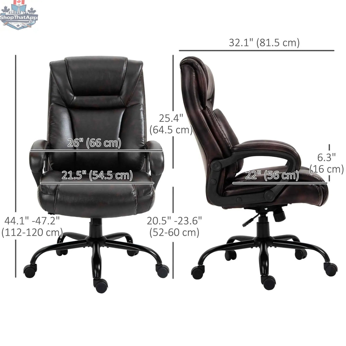 Brown Joel executive office chair by SLOTH Nation with high back, adjustable height, and 400 lbs capacity, shown from the side.