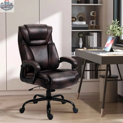 Brown SLOTH Nation Joel executive office chair with high back, adjustable height, and 400 lbs capacity, shown from side view.