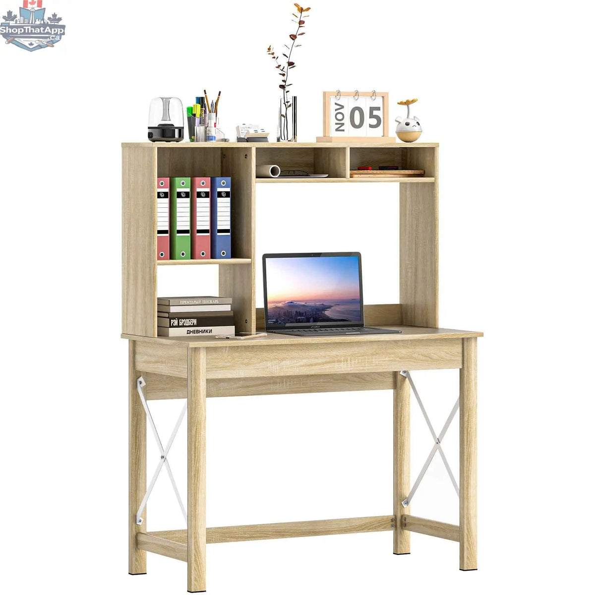 SLOTH Nation Sloan computer desk in oak with hutch and storage shelves, modern office furniture with workspace and organized storage.