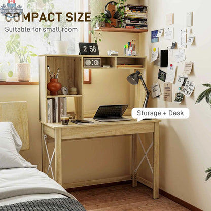Sloan oak computer desk with hutch and storage shelves, SLOTH Nation office furniture, featuring a spacious workspace with organized storage.