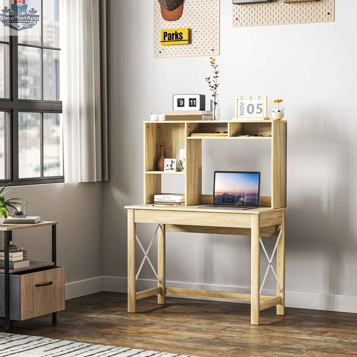SLOTH Nation Sloan oak computer desk with hutch and storage shelves, featuring a spacious work surface and organizational compartments.