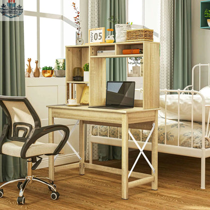 Sloan oak computer desk with hutch and storage shelves, modern office furniture by SLOTH Nation, featuring workspace and organization areas.