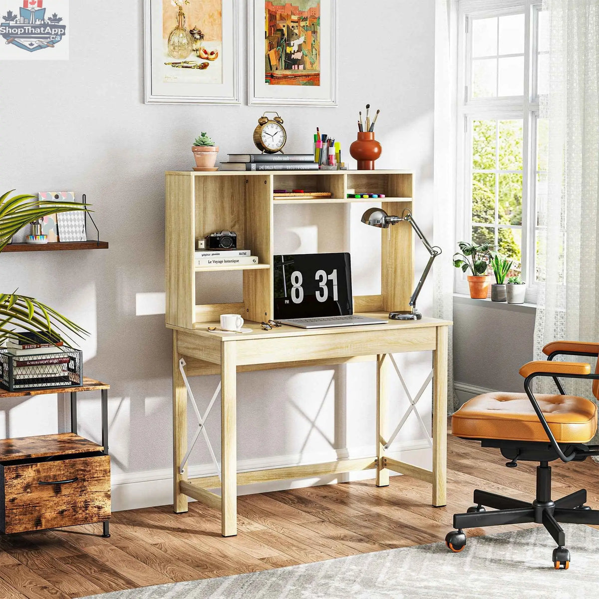 SLOTH Nation Sloan computer desk in oak with hutch and storage shelves, modern office furniture with workspace and organization.