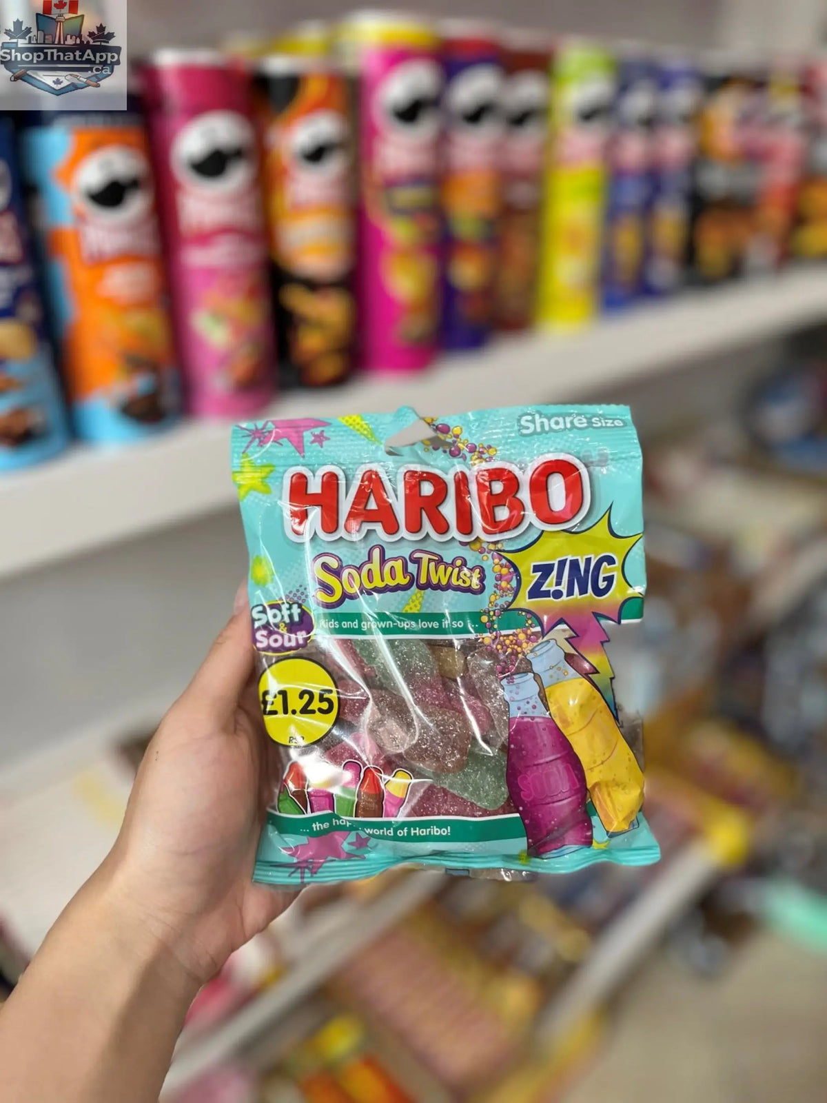 Haribo Soda Twist candy pack by Snack Bar Co, colorful twisted gummy candies in a fun 160g bag, vibrant and appealing.