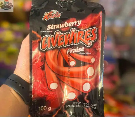 LiveWires Strawberry Creme Cable Candy by Snack Bar Co, 100g, colorful chewy candy strips with strawberry and creme flavor.