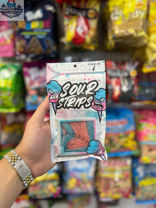 Colorful Sour Strips Cotton Candy candy by Snack Bar Co in a 96g package, showing bright, twisted strips with a sweet and sour appearance.