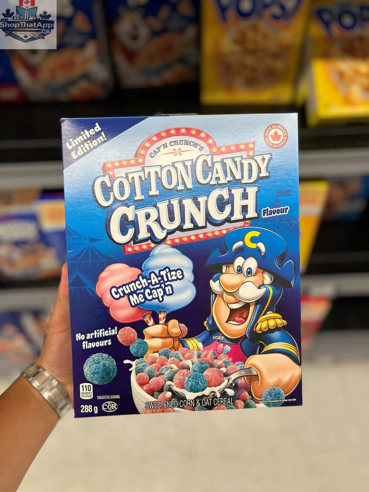 Cap'n Crunch Cotton Candy Crunch cereal box by Snack Bar Co, featuring colorful cereal treats in a 288g package.