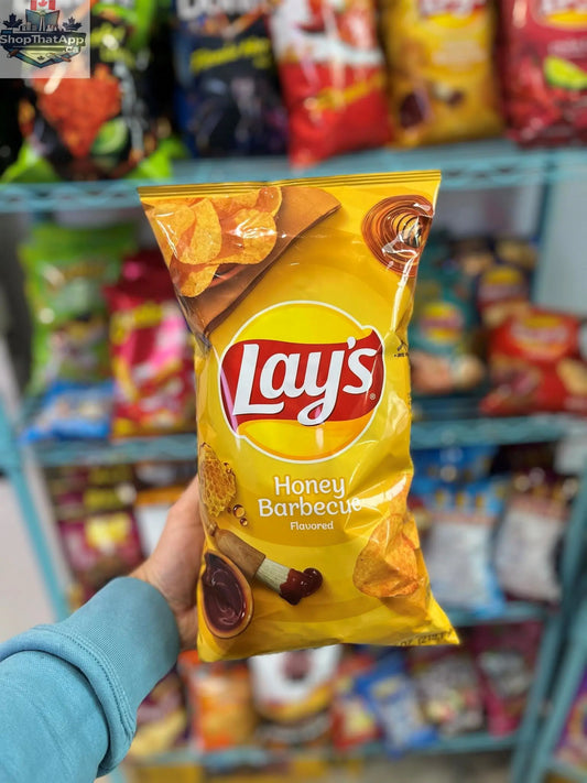 LAYS Honey Barbeque Chips by Snack Bar Co in a 7.75oz bag, featuring golden chips coated with honey barbeque flavor.