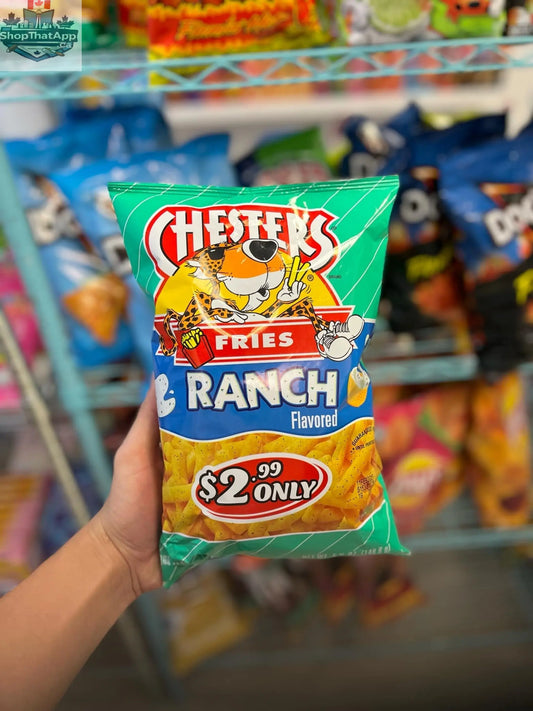 Cracker barrel-style Chester's Ranch Fries snack chips from Snack Bar Co in 5.25oz bag, crispy and seasoned potato chips.