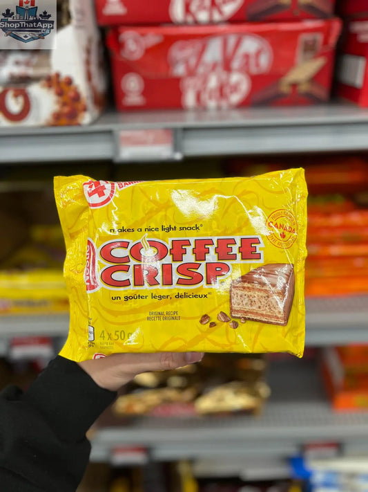 Chocolate bar image of Coffee Crisp Original Recipe from Snack Bar Co, showing four 50g chocolate bars in packaging.