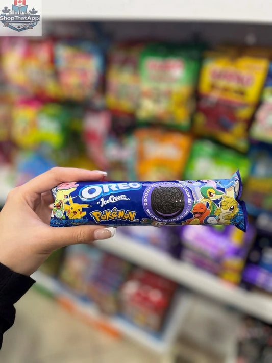 OREO Pokemon Blueberry Ice Cream cookies by Snack Bar Co, showing blue and purple packaging with cookies inside.