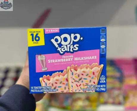 Frosted Strawberry Milkshake Pop Tarts cookies by Snack Bar Co, showing the packaged 16-pack with colorful branding.