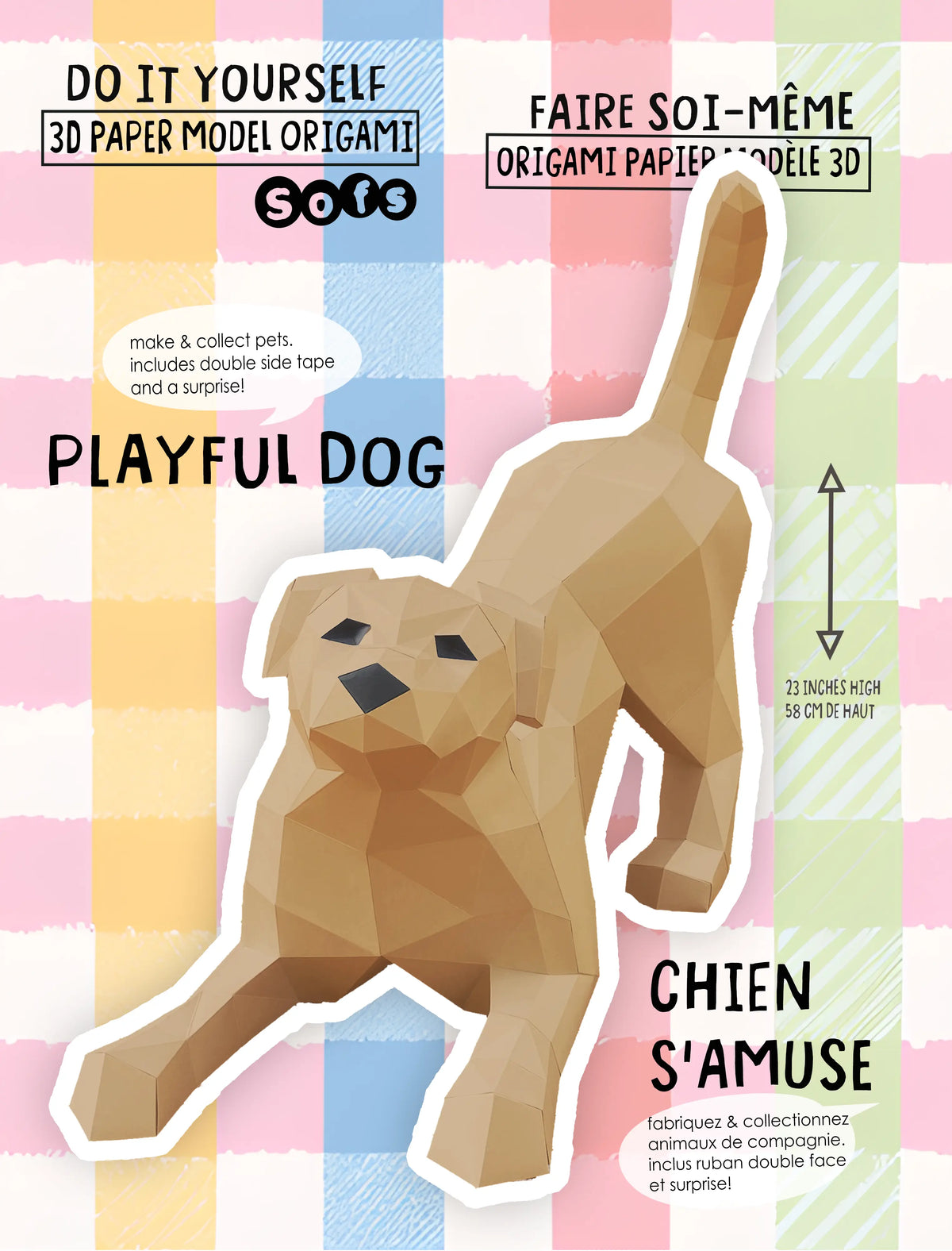 Sofs Lifestyle DIY dog origami kit with colorful paper sheets, showing a playful 3D paper dog model ready for assembly.