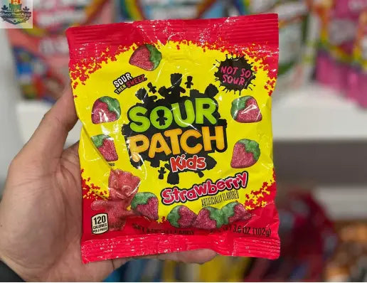Sour Patch Kids Strawberry candy in a 5oz bag from Snack Bar Co, showing colorful, sweet and sour strawberry-flavored gummies.