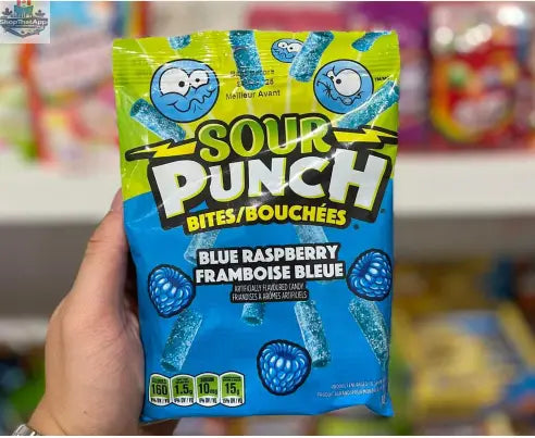 Blue raspberry Sour Punch candy in a 5oz bag by Snack Bar Co, featuring bright blue sour and sweet raspberry flavor candies.