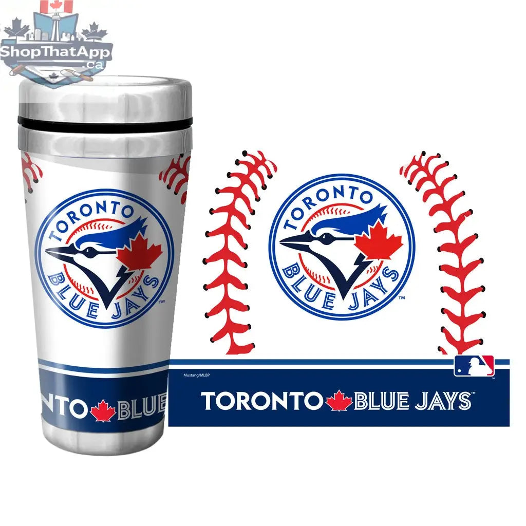 Toronto Blue Jays travel mug with full wrap wallpaper design, 16 oz. Sports Decor drinkware featuring team logo and vibrant blue graphics.