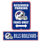 Pair of NFL Buffalo Bills parking signs for wall decor, featuring team logo and street name design from Sports Decor.
