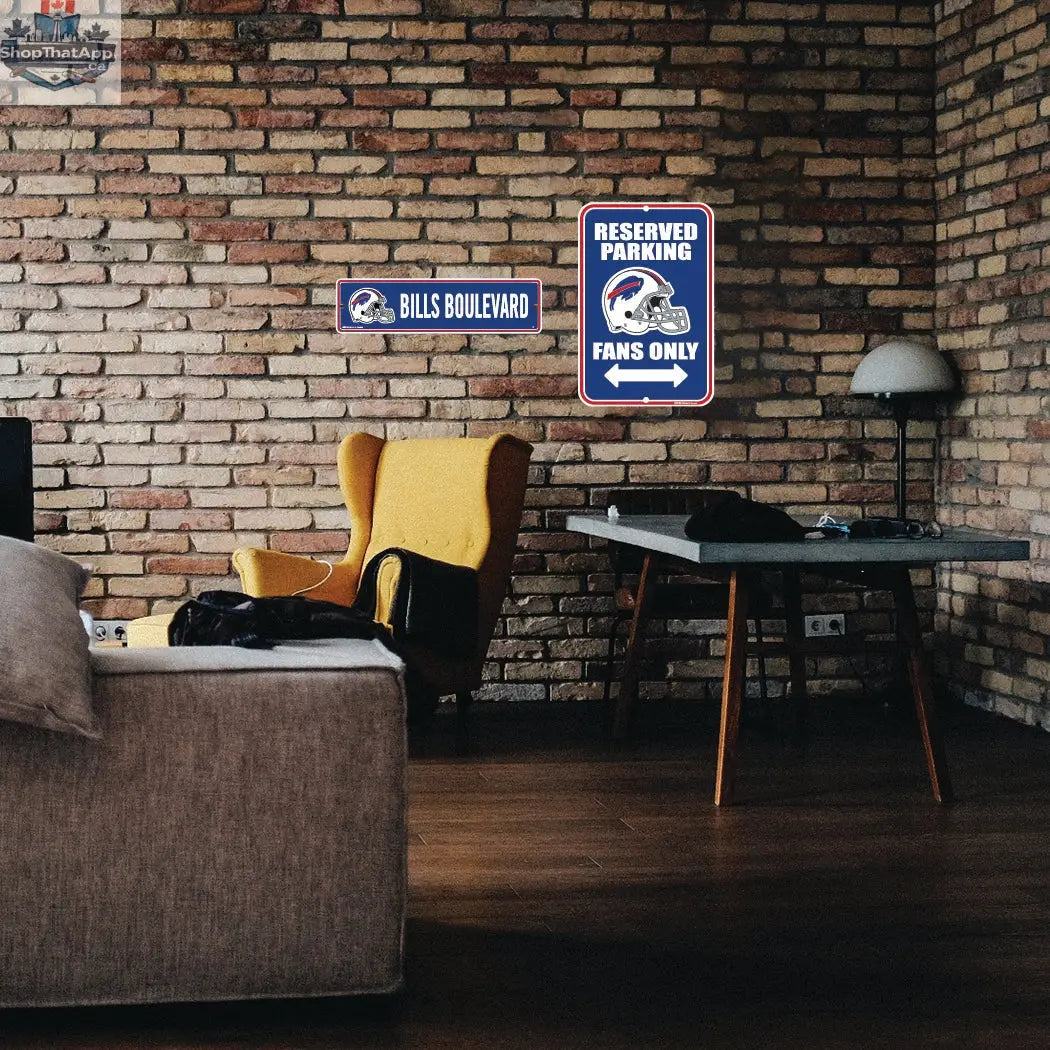 Set of two Buffalo Bills parking and street signs, NFL-themed wall decor featuring team logo and colors for sports fans.