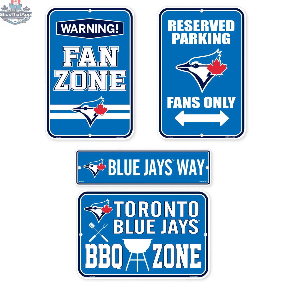 Four-pack Toronto Blue Jays fan sign set for wall decor, featuring team spirit and vibrant MLB-themed designs by Sports Decor.