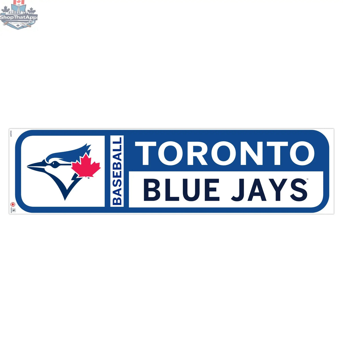 Toronto Blue Jays wall decal in team colors, 90x23 inches, reusable and repositionable MLB wall decor by Sports Decor.