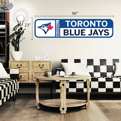 Toronto Blue Jays wall decal in team colors, 90x23 inches, repositionable MLB-themed wall decor by Sports Decor.