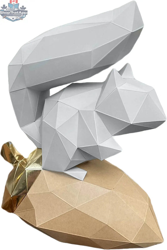 Gray squirrel paper origami model from Sofs Lifestyle DIY 3D origami kit, showing detailed paper craftsmanship and nature-inspired design.