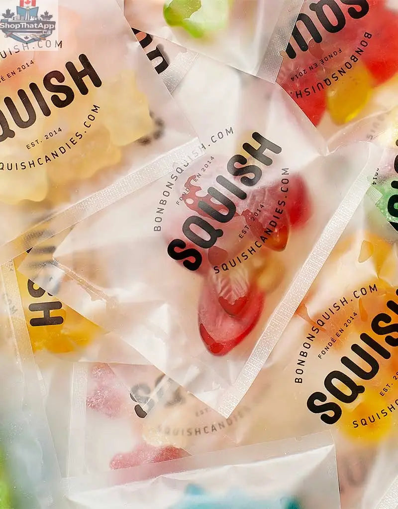 Close-up of SQUISH Candies Canada Ultimate Sharing Box with colorful candies inside, designed for kids' fun and sharing.