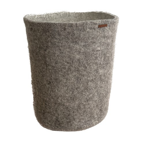 Grey Wool Felt Storage Basket — Hand-Felted NZ Wool, 12.5" H x 11" D (Grey/White)