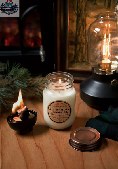 Algonquin Campfire Candle by Stopandsmellthecandles, 14oz soy wax with cotton wick, creating a cozy campfire atmosphere.
