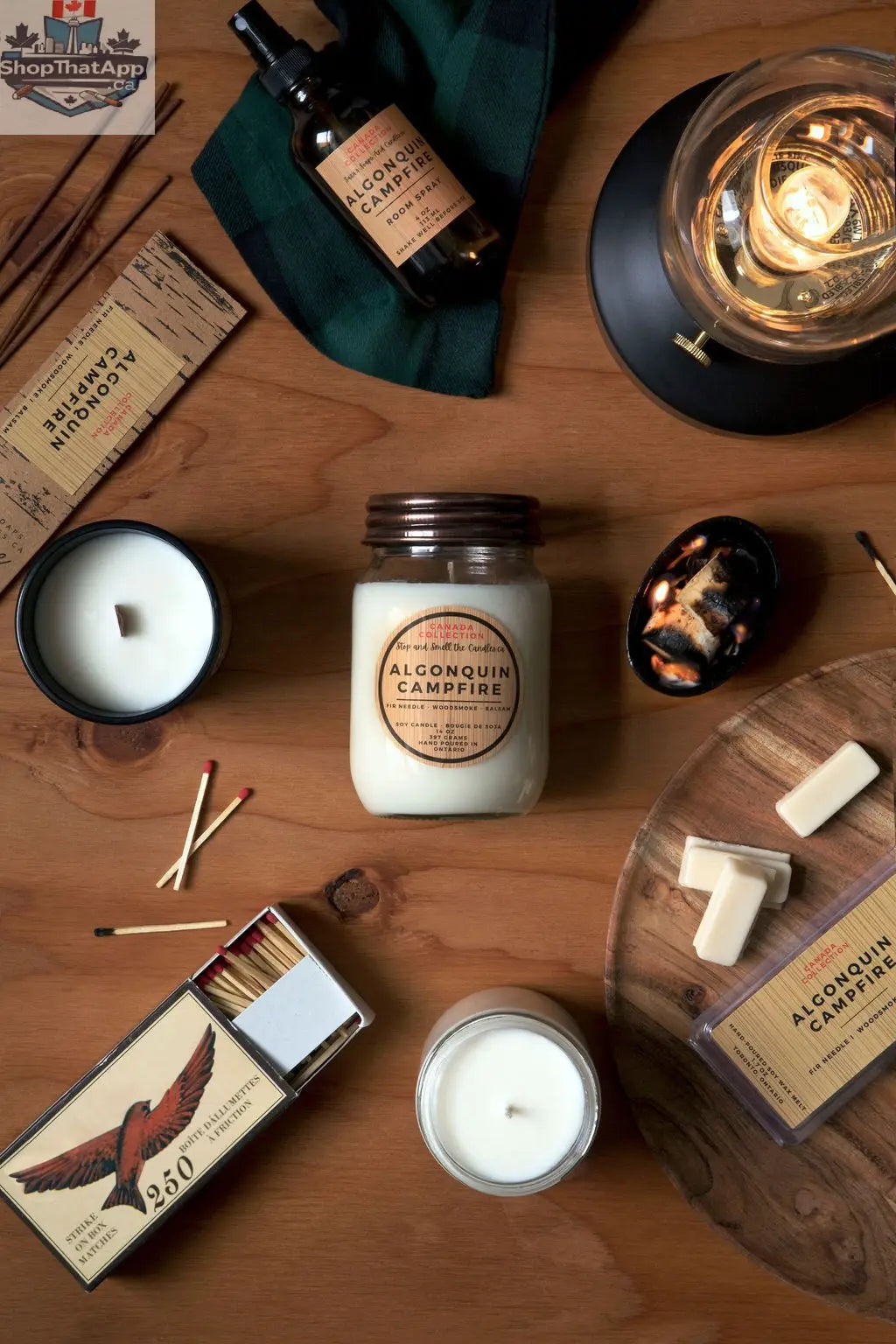 Algonquin Campfire Candle by Stopandsmellthecandles, 14oz soy wax candle in a glass jar, perfect for creating a cozy campfire atmosphere.