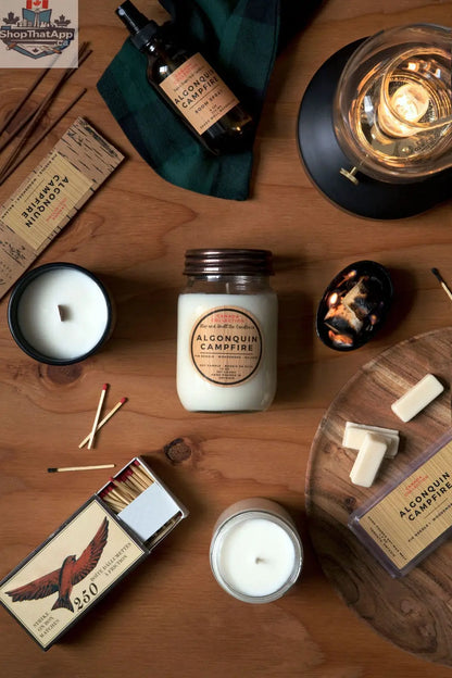 Algonquin Campfire Candle by Stopandsmellthecandles, 14oz soy wax candle in a glass jar, perfect for creating a cozy campfire atmosphere.
