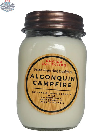 Algonquin Campfire Candle by Stopandsmellthecandles, 14oz soy wax candle in a cozy jar with a campfire-inspired design.