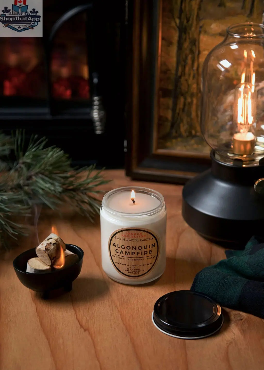 Algonquin Campfire Candle by Stopandsmellthecandles, 8oz all-natural soy wax with cotton wick, ideal for cozy evenings.