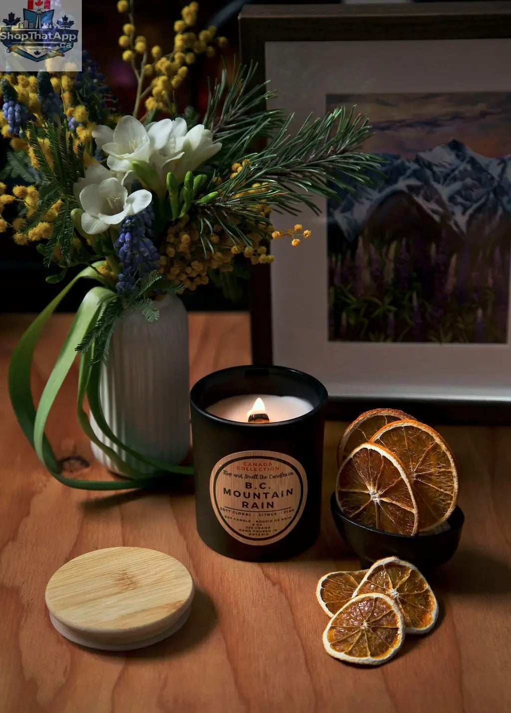 Eco-friendly BC Mountain Rain candle by Stopandsmellthecandles featuring a wood wick and soy aromatherapy in an 8oz container.