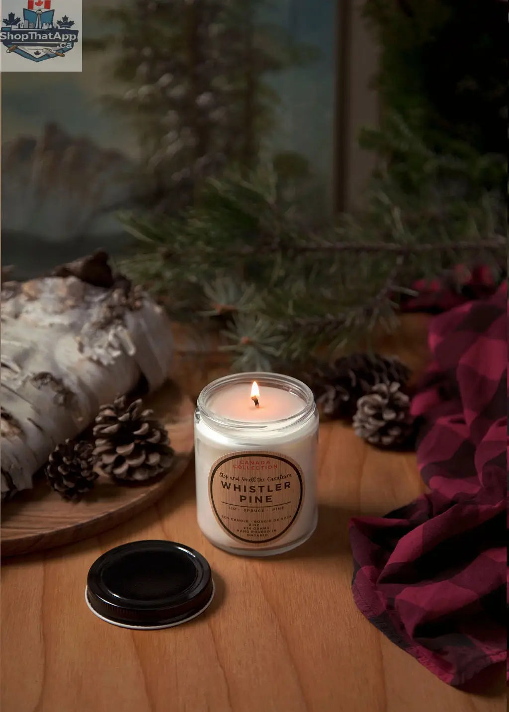 8 oz Whistler Pine soy candle by Stopandsmellthecandles with a cotton wick, showcasing a pine scent and minimalistic design.