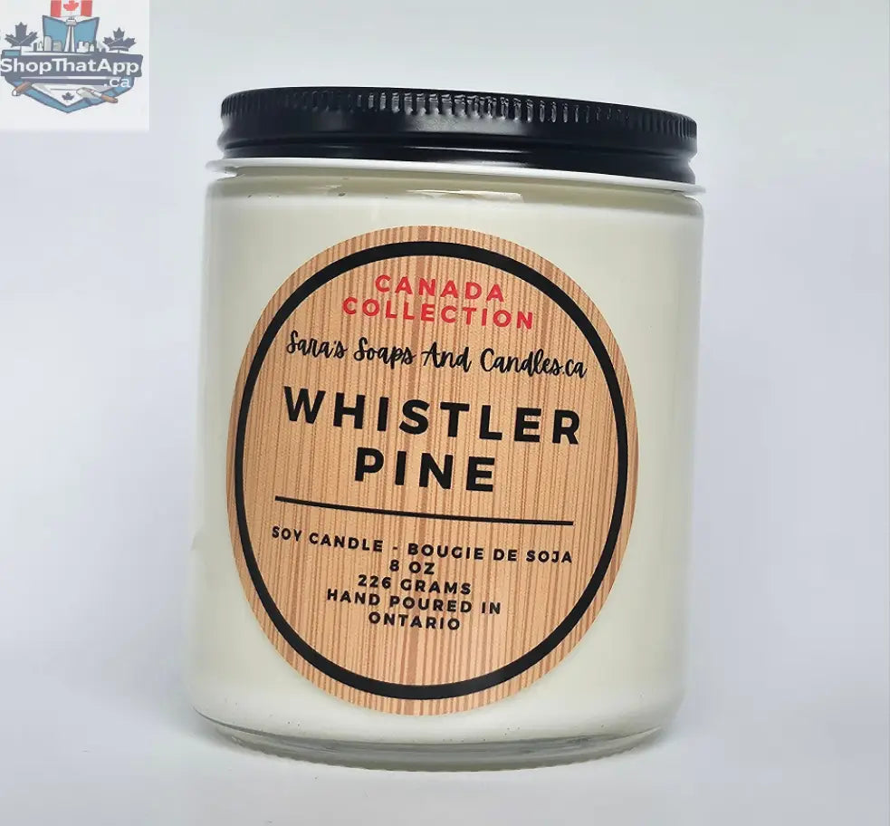 Stopandsmellthecandles Whistler Pine soy candle in an 8 oz jar, featuring a pine scent with a wooden wick and minimalist design.