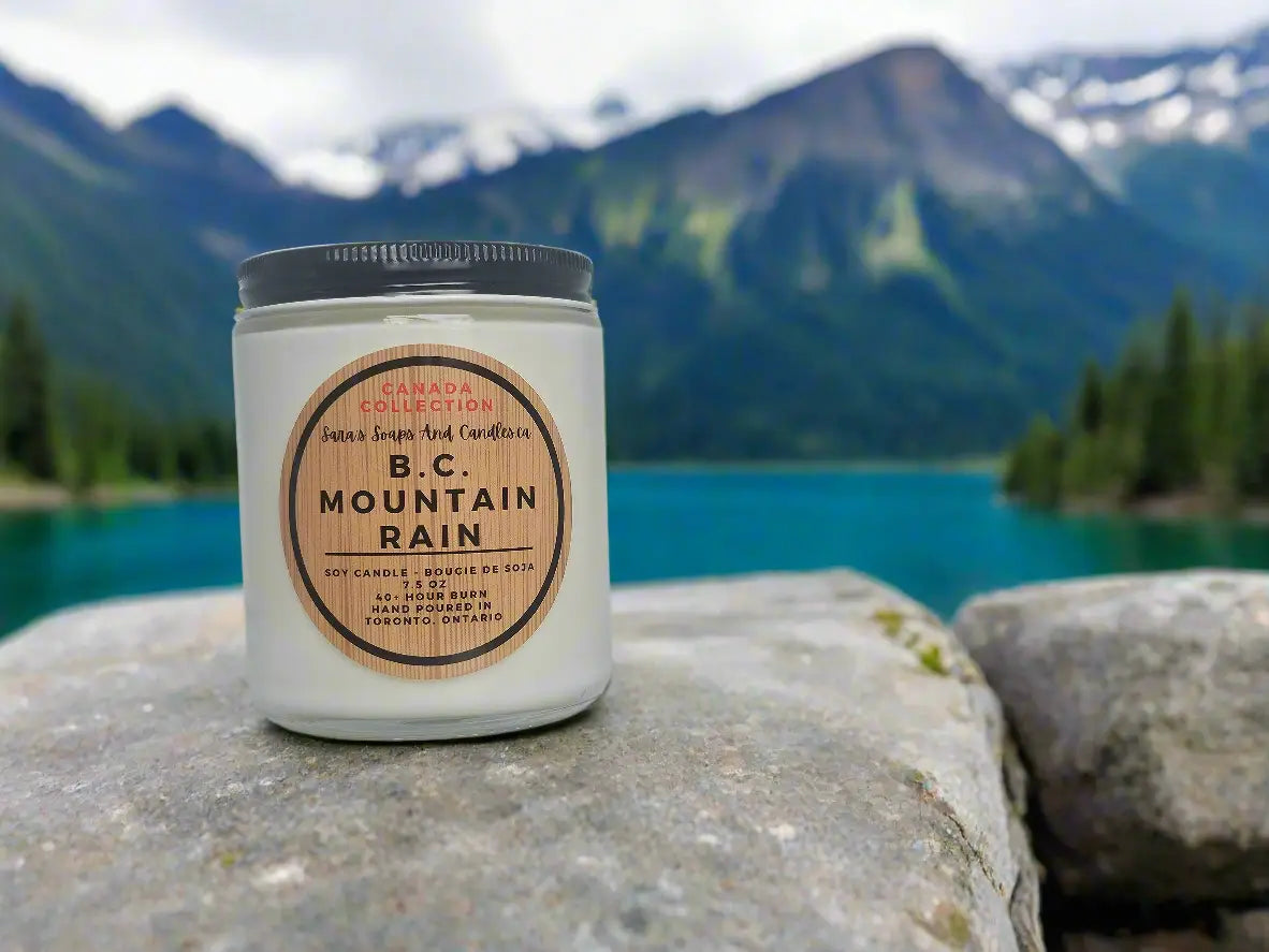 Stopandsmellthecandles BC Mountain Rain soy candle in 8oz jar with a fresh, natural aroma and mountain-inspired design.