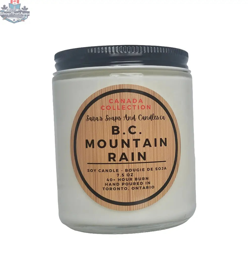Stopandsmellthecandles BC Mountain Rain soy candle in an 8oz jar with a natural, fresh aroma and scenic mountain design.
