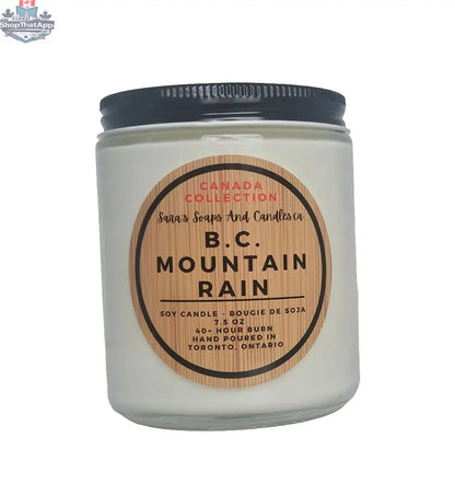 Stopandsmellthecandles BC Mountain Rain soy candle in an 8oz jar with a natural, fresh aroma and scenic mountain design.