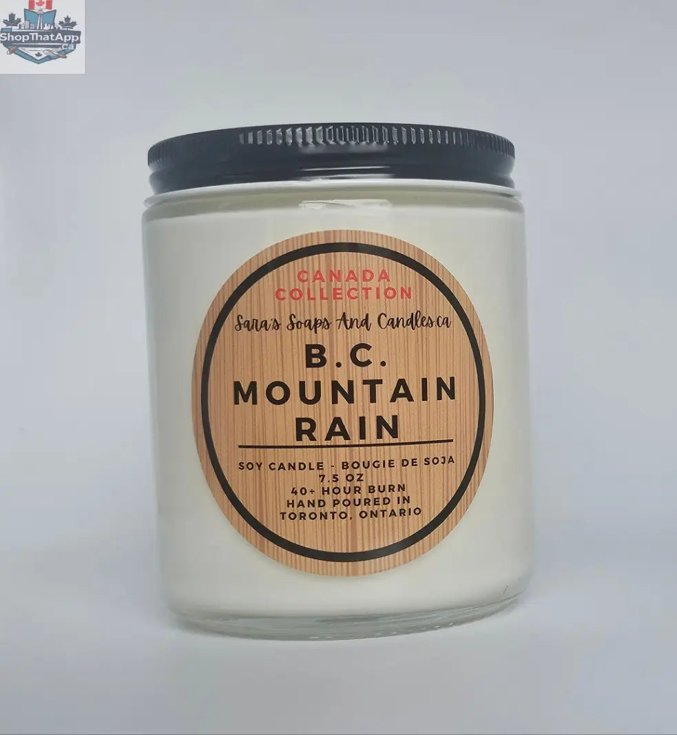 Stopandsmellthecandles BC Mountain Rain soy candle in 8oz container with a natural aroma, featuring a minimalist label design.