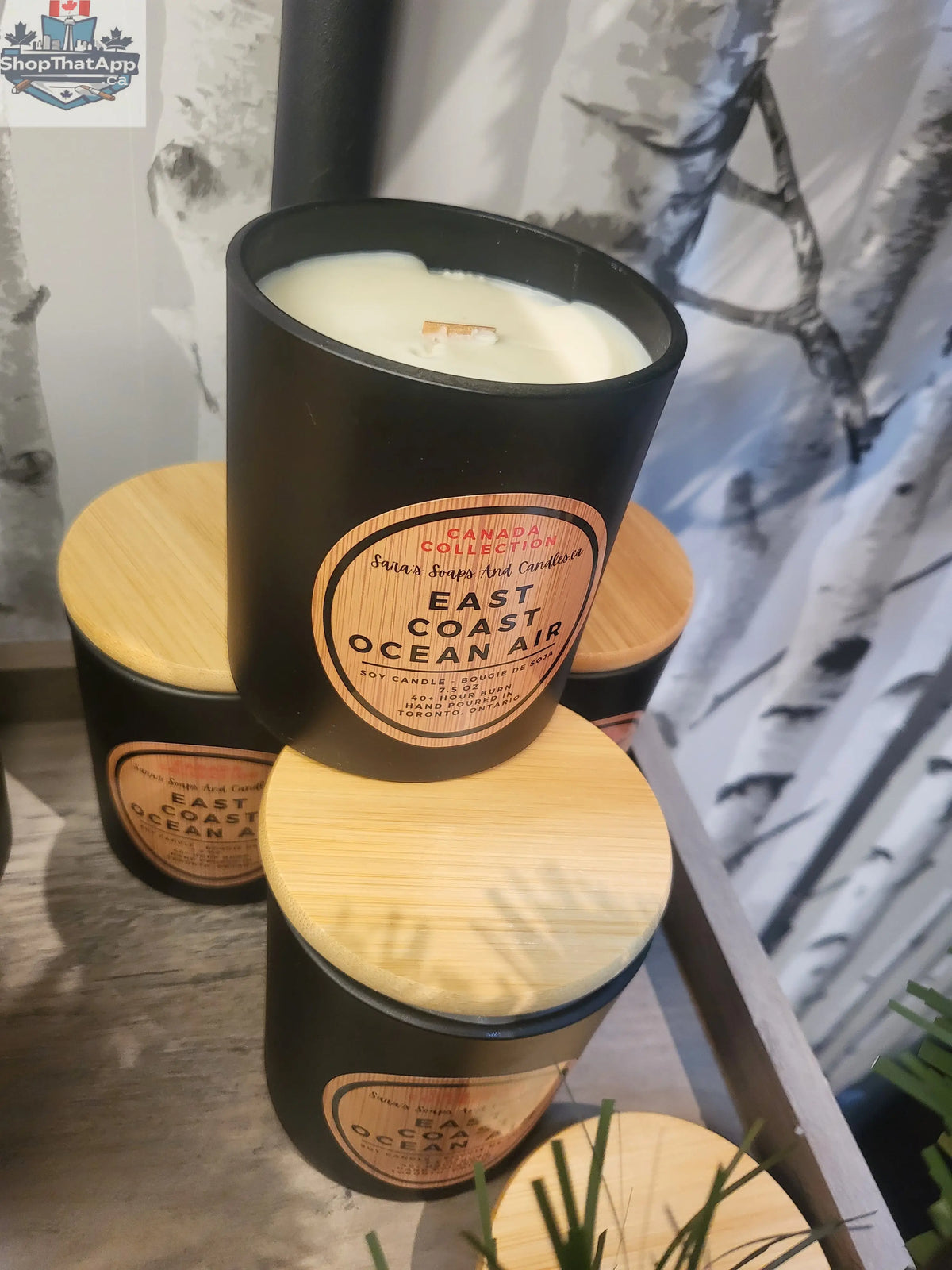 East Coast Ocean Air candle by Stopandsmellthecandles featuring a wood wick and fresh coastal scent in a glass jar.