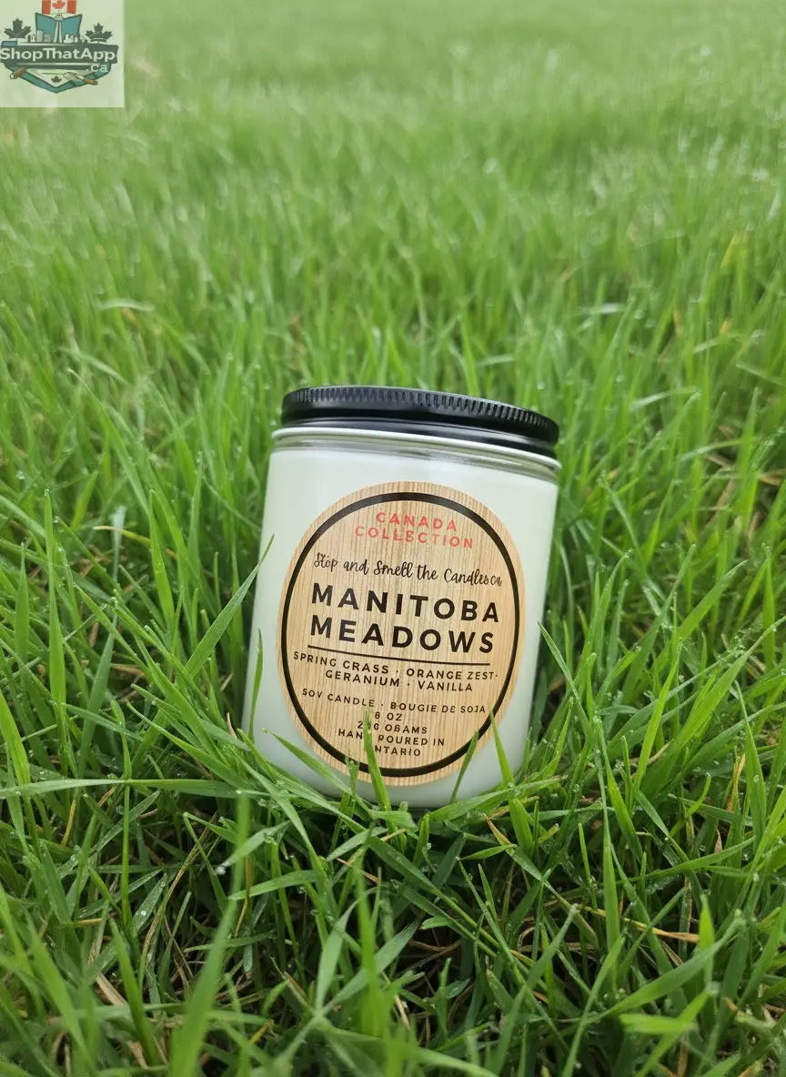 Manitoba Meadows soy candle in an 8oz jar from Stopandsmellthecandles, featuring a natural, fragrant wax with a cozy wick.