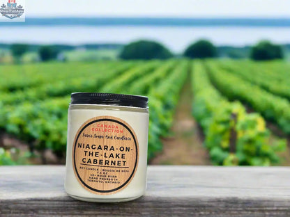 Stopandsmellthecandles Niagara on the Lake Cabernet 8oz soy candle with a dark glass jar and elegant label, perfect for home ambiance.