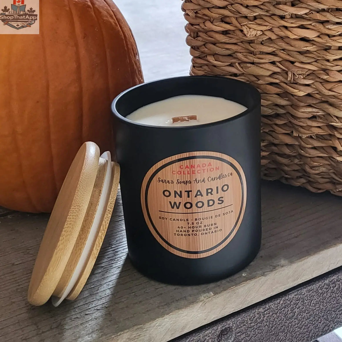 8oz Ontario Woods soy candle by Stopandsmellthecandles featuring a natural scented relaxation aroma and a wooden wick.