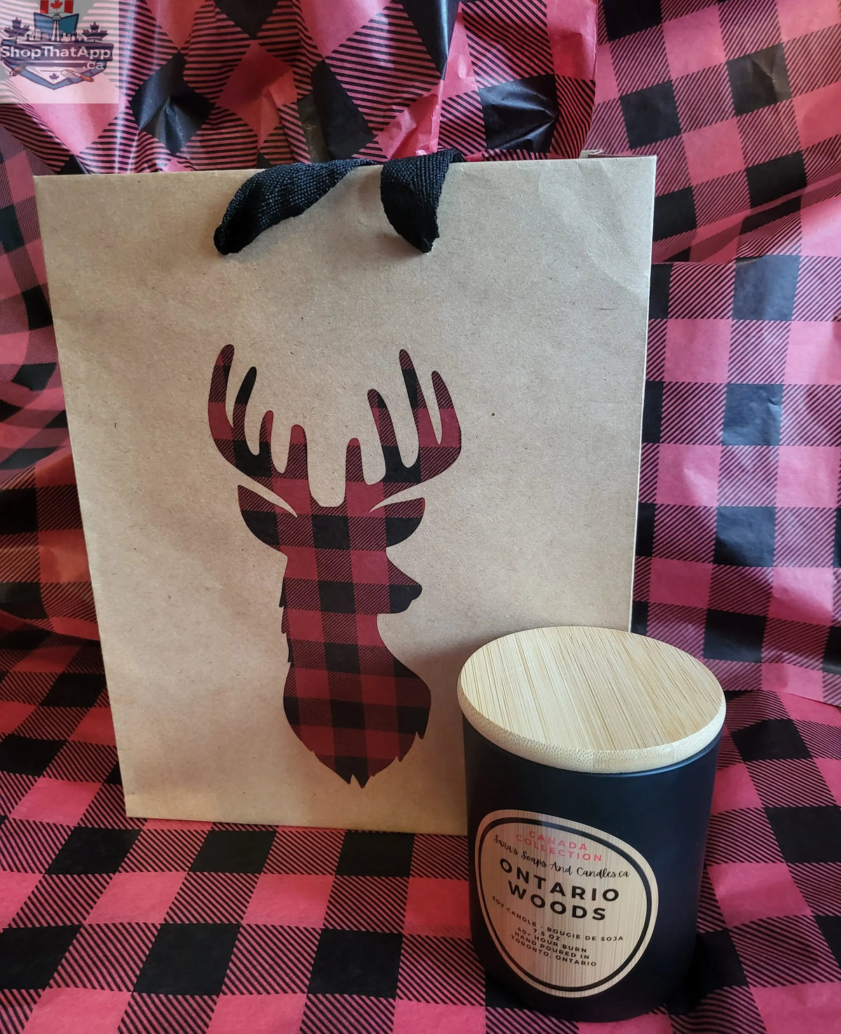 Ontario Woods soy candle with wood wick in 8oz size, featuring a natural scented relaxation aroma and a rustic glass jar.
