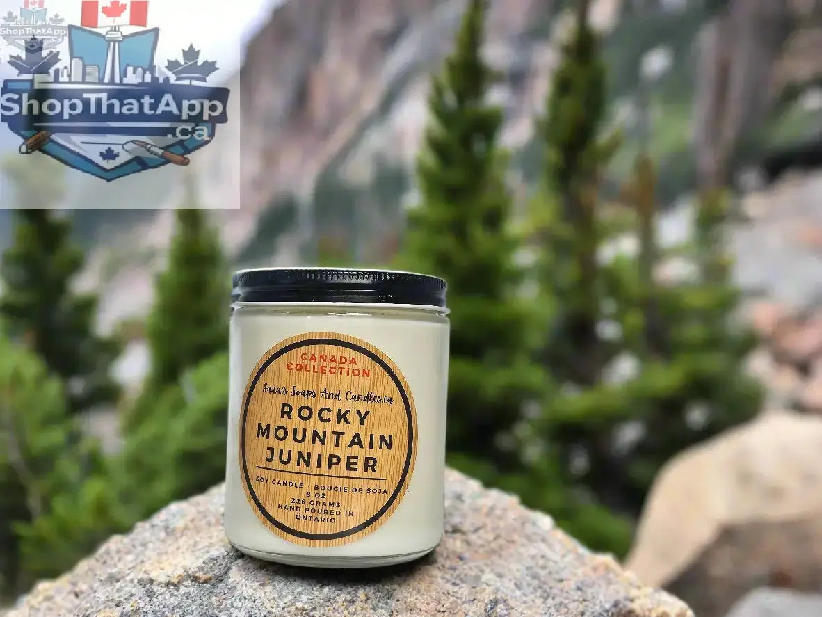 8oz Rocky Mountain Juniper soy candle by Stopandsmellthecandles with a refreshing aroma, displayed on a neutral background.