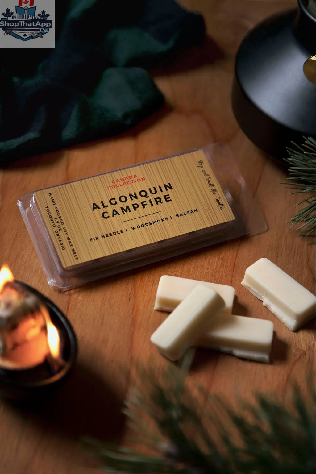 Algonquin Campfire wax melt bar by Stopandsmellthecandles, 1.75oz, with soothing campfire fragrance and warm, inviting scent.