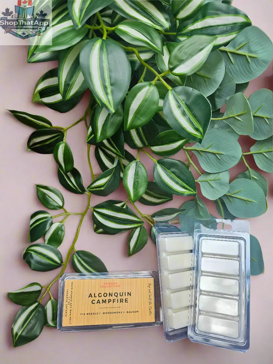 Wax melt bar from Stopandsmellthecandles featuring Algonquin Campfire soothing fragrance, 1.75oz, with warm, smoky scent in background.